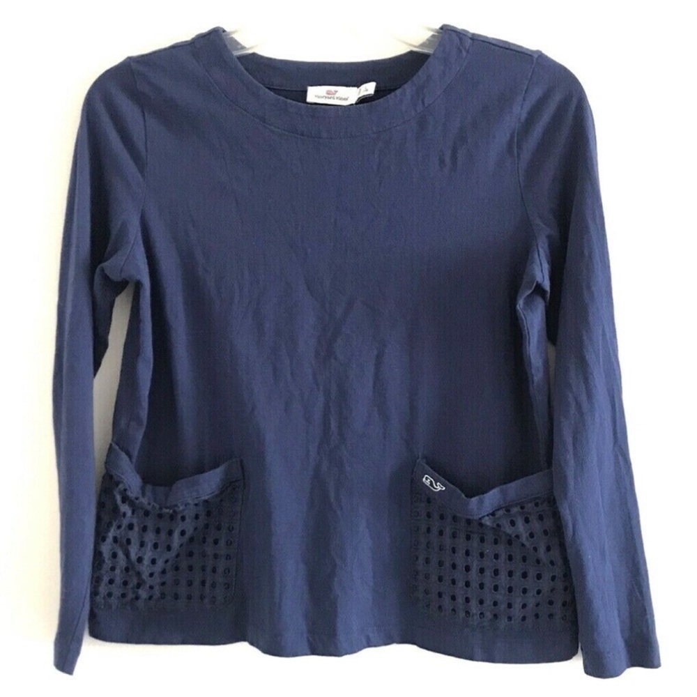Vineyard Vines | Pullover Top Eyelet Kids Sz L - 14 Blue Front Pockets Crewneck